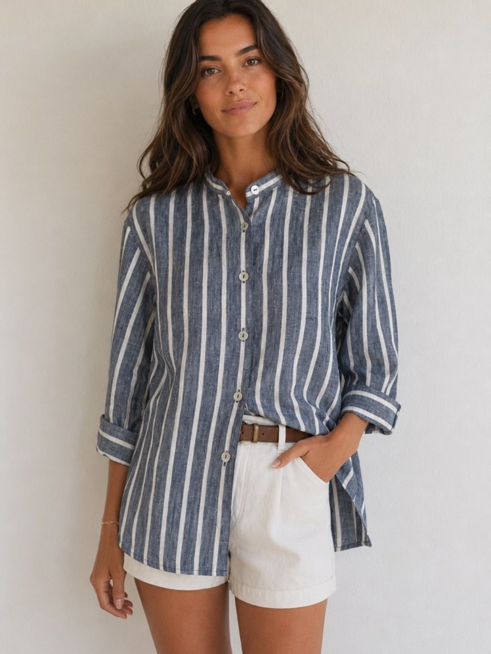 Rafaella Petites 100% Linen Striped Button Front Tunic Shirt Size S Blue White